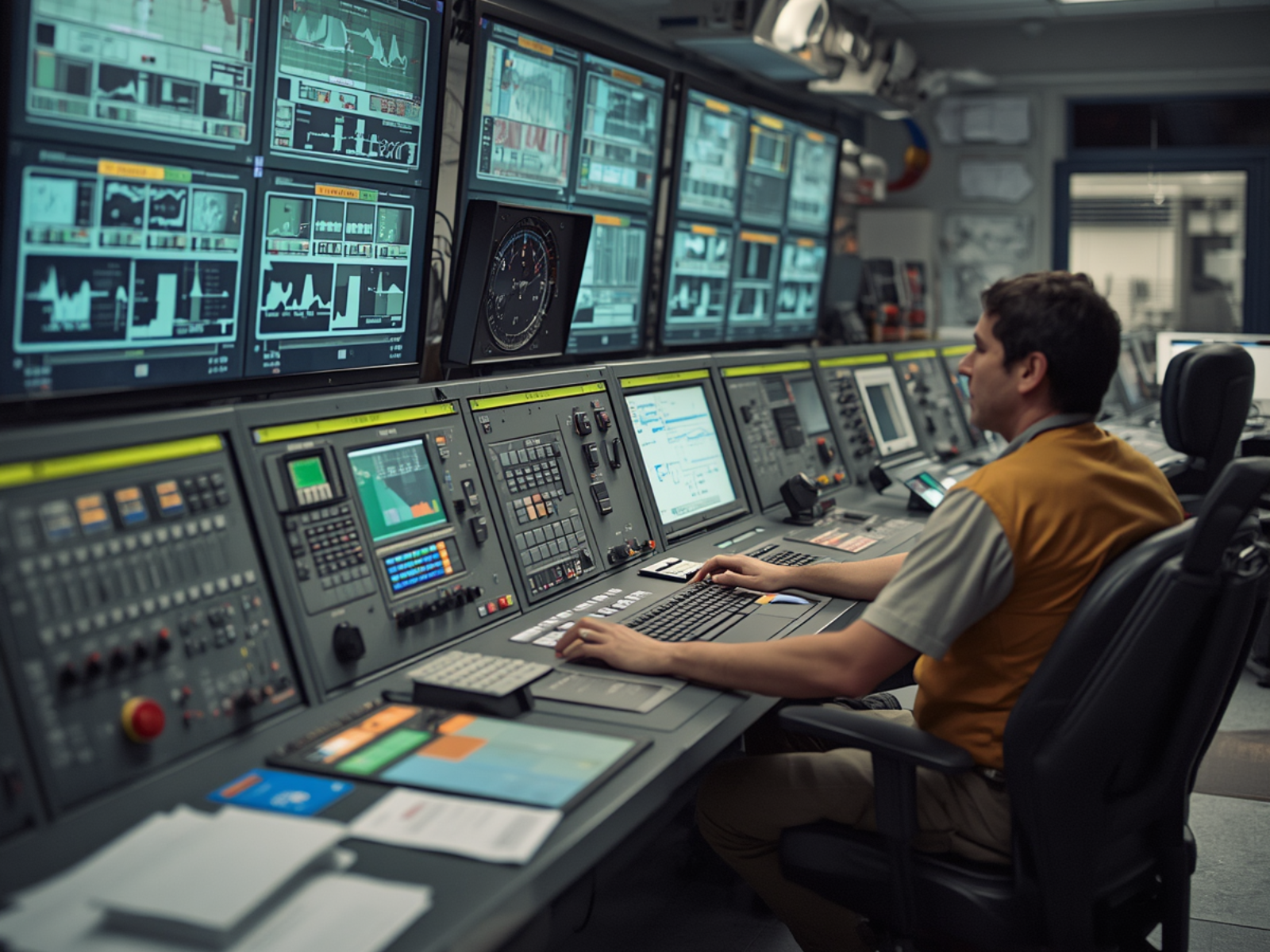 Industrial control room with SCADA monitoring displays