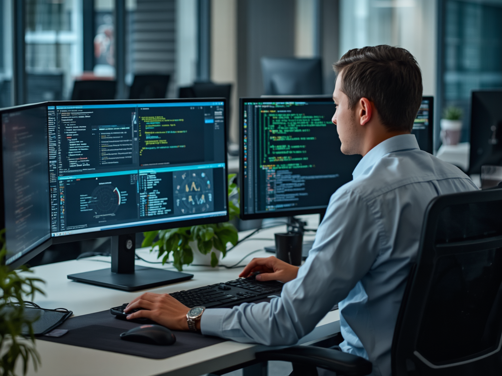 Security consultant reviewing assessment findings across multiple monitors
